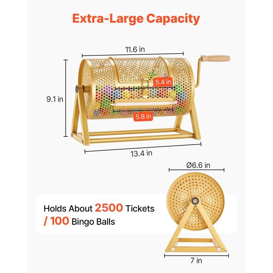 VEVOR Raffle Ticket Spinner, 295 x 167 mm Holds 2500 Tickets or 100 Ping Pong Balls, Raffle Drum Lottery Spinning Cage with Reinforced Handle, Stable Triangular Stand, for Events and Gatherings, Gold