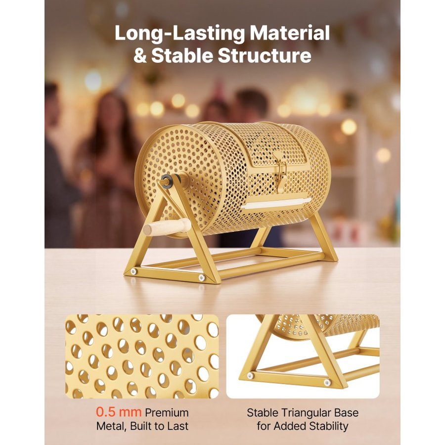 VEVOR Raffle Ticket Spinner, 295 x 167 mm Holds 2500 Tickets or 100 Ping Pong Balls, Raffle Drum Lottery Spinning Cage with Reinforced Handle, Stable Triangular Stand, for Events and Gatherings, Gold