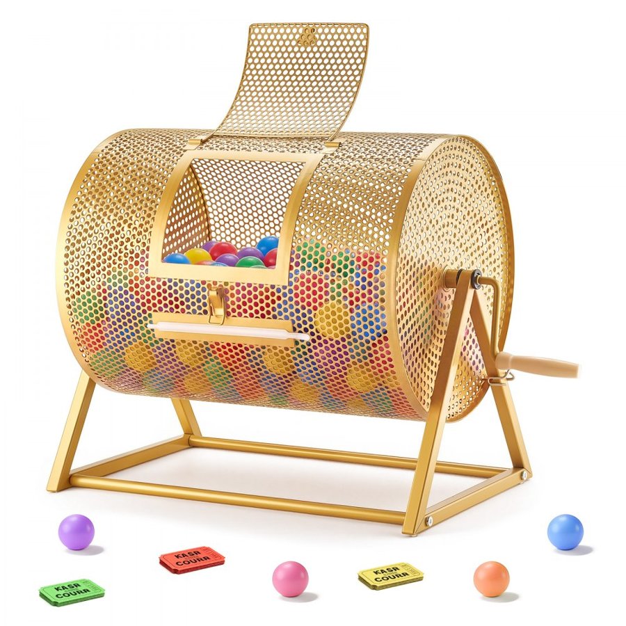 VEVOR Raffle Ticket Spinner, 410 x 302 mm Holds 5000 Tickets or 200 Ping Pong Balls, Raffle Drum Lottery Spinning Cage with Reinforced Handle, Stable Triangular Stand, for Events and Gatherings, Gold
