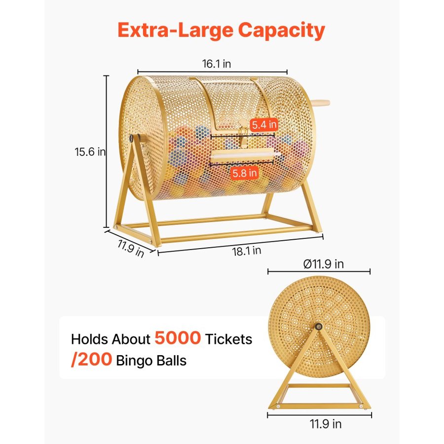 VEVOR Raffle Ticket Spinner, 410 x 302 mm Holds 5000 Tickets or 200 Ping Pong Balls, Raffle Drum Lottery Spinning Cage with Reinforced Handle, Stable Triangular Stand, for Events and Gatherings, Gold