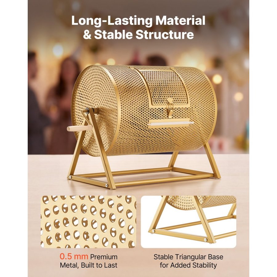 VEVOR Raffle Ticket Spinner, 410 x 302 mm Holds 5000 Tickets or 200 Ping Pong Balls, Raffle Drum Lottery Spinning Cage with Reinforced Handle, Stable Triangular Stand, for Events and Gatherings, Gold