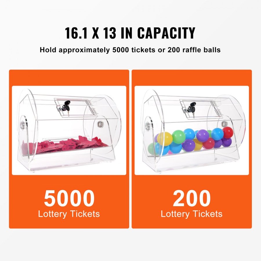 VEVOR Acrylic Raffle Drum, Holds 5000 Tickets or 200 Raffle Balls, Professional Raffle Ticket Spinning Cage with 2 Keys, Transparent Lottery Spinning Drawing, Raffle Ticket Box for Lottery Games Bingo