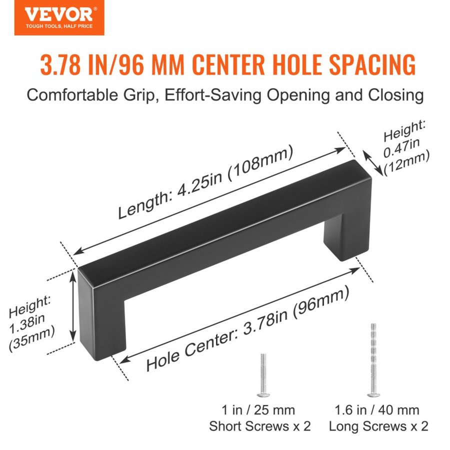 VEVOR 30 Pack Cabinet Pulls, 3.86in / 96mm Center to Center Slim Square Kitchen Cabinet Drawer, Stainless Steel Modern Kitchen Cupboard Door Handles for Kitchen Bathroom Bar Hardware Matte Black