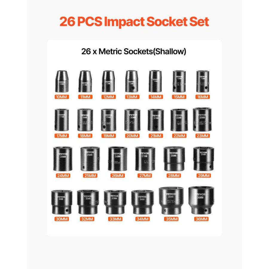 VEVOR Impact Socket Set 1/2 Inches 26 Piece Impact Sockets, Shallow Socket, 6-Point Sockets, Rugged Construction, CR-V, 1/2 Inches Drive Socket Set Impact Metric 10mm - 36mm, with a Storage Cage