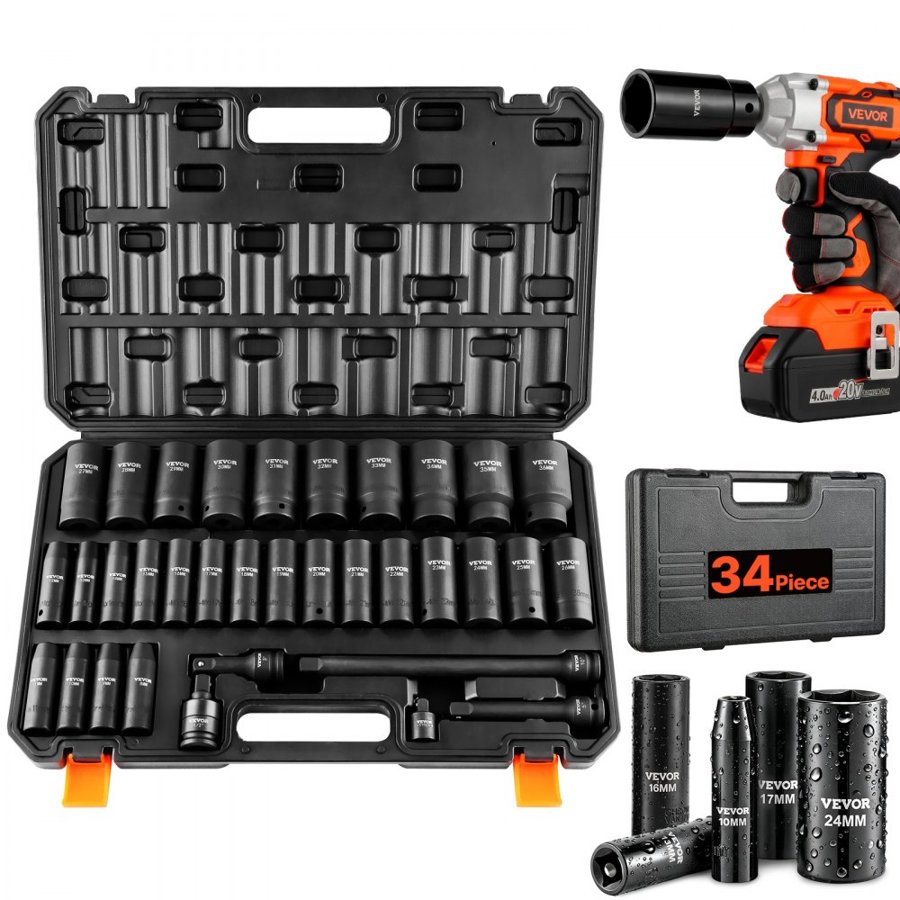 VEVOR 1/2" Drive Deep Impact Socket Set, 34pcs Socket Set Metric （8-36mm） 6 Point Cr-MO Alloy Steel for Auto Repair, Rugged Construction, Includes Heavy Duty Storage Case