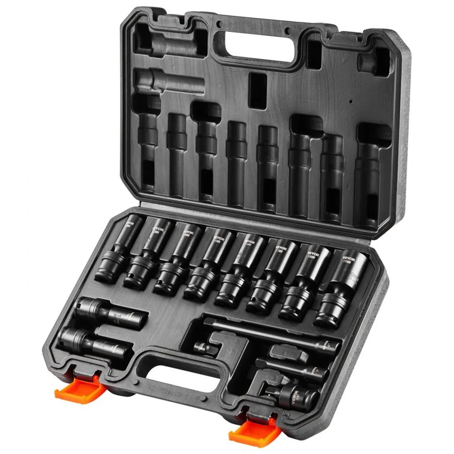VEVOR 360 Degree Swivel Impact Socket Set, 3/8" Socket Set 14PCS Deep Universal Metric 10-19mm, 6 Point Cr-Mo Alloy Steel for Auto Repair, Easy-to-Read Size Markings, Rugged Construction, Storage Case
