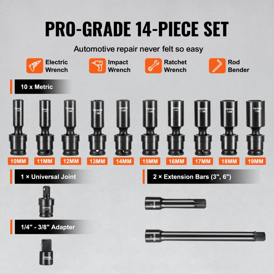 VEVOR 360 Degree Swivel Impact Socket Set, 3/8" Socket Set 14PCS Deep Universal Metric 10-19mm, 6 Point Cr-Mo Alloy Steel for Auto Repair, Easy-to-Read Size Markings, Rugged Construction, Storage Case