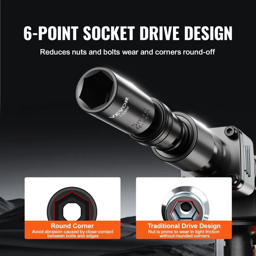 VEVOR 360 Degree Swivel Impact Socket Set, 3/8" Socket Set 14PCS Deep Universal Metric 10-19mm, 6 Point Cr-Mo Alloy Steel for Auto Repair, Easy-to-Read Size Markings, Rugged Construction, Storage Case