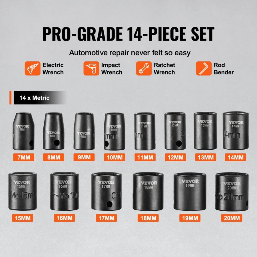 VEVOR Shallow 3/8 Socket Set – 14pcs Metric 7-20mm