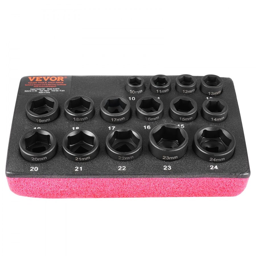 VEVOR 3/8" Drive Impact Socket Set, 15 Piece Ultra-Short Socket Set Metric 10-24mm, 6 Point Cr-Mo Alloy Steel for Auto Repair, Easy-to-Read Size Markings, Rugged Construction, Socket Organizer