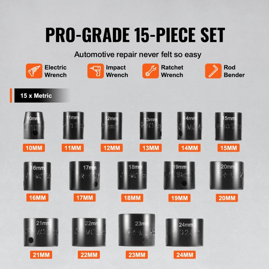 VEVOR 3/8" Drive Impact Socket Set, 15 Piece Ultra-Short Socket Set Metric 10-24mm, 6 Point Cr-Mo Alloy Steel for Auto Repair, Easy-to-Read Size Markings, Rugged Construction, Socket Organizer