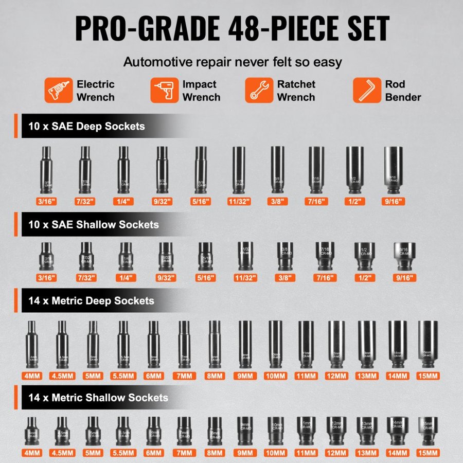 VEVOR 1/4" Drive Impact Socket Set, 48 Piece Deep & Shallow Socket Set SAE 3/16"-9/16" and Metric 4-15mm, 6 Point Cr-Mo Alloy Steel for Auto Repair, Easy-to-Read Size Markings, Storage Case