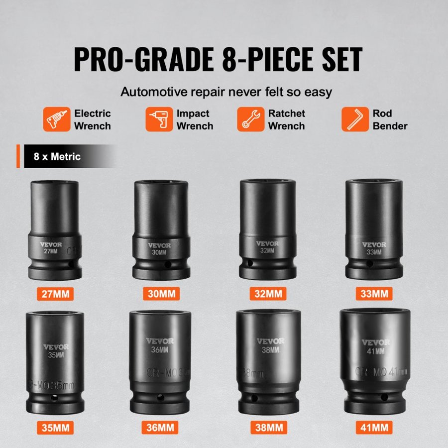 VEVOR Impact Sockets Set 8pcs 6-Point 2.5 cm Drive Bit Ratchet Tool Kit Case