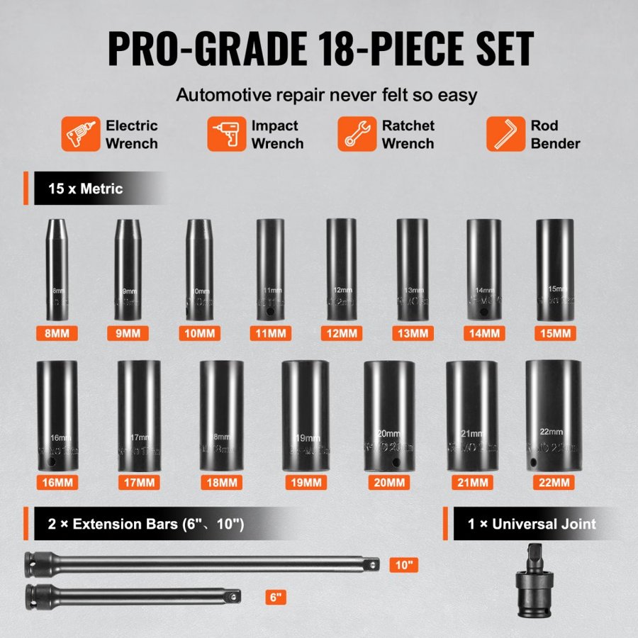 VEVOR 3/8" Drive Impact Socket Set, 18 Piece Deep Socket Set Metric 8-22mm, 6 Point CR-V Alloy Steel for Auto Repair, Easy-to-Read Size Markings, Rugged Construction, Includes Storage Case
