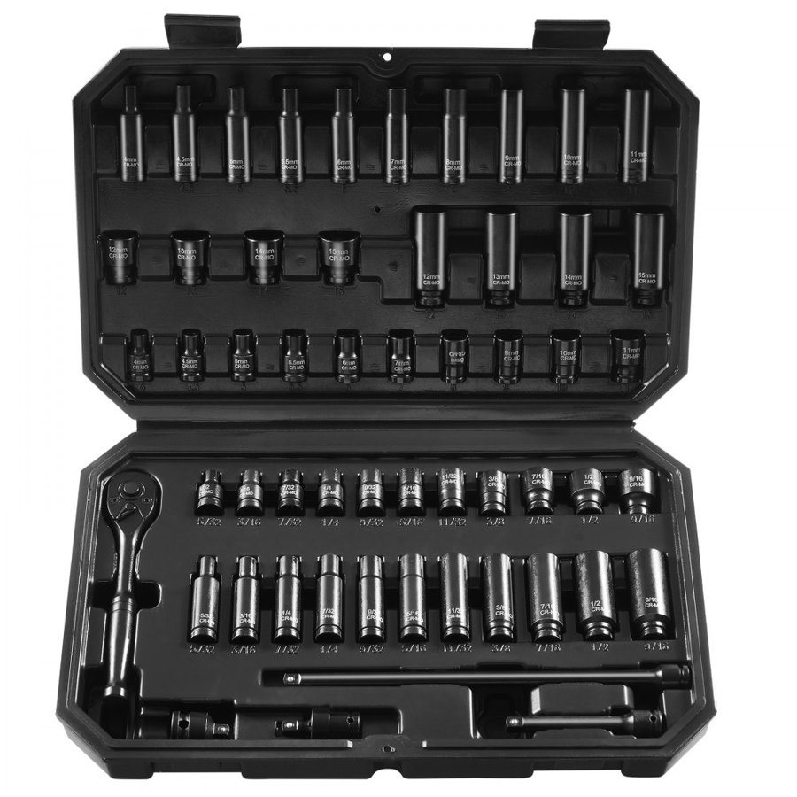 VEVOR 1/4" Drive Impact Socket Set, 55 Piece Deep & Shallow Socket Set SAE 5/32"-9/16" and Metric 4-15mm, 6 Point CR-V Alloy Steel for Auto Repair, Easy-to-Read Size Markings, Storage Case
