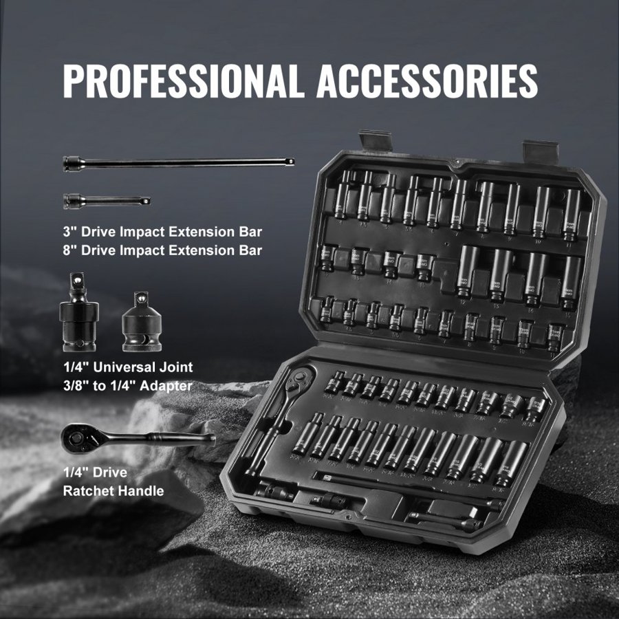 VEVOR 1/4" Drive Impact Socket Set, 55 Piece Deep & Shallow Socket Set SAE 5/32"-9/16" and Metric 4-15mm, 6 Point CR-V Alloy Steel for Auto Repair, Easy-to-Read Size Markings, Storage Case