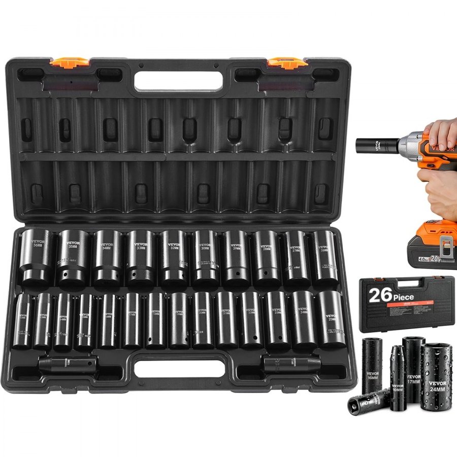 VEVOR Impact Socket Set, 1/2" Drive, 26-Piece Impact Sockets, 6-Point Sockets, Metric 10-30 mm, 32-36 mm, Easy to Identify, with a Sturdy Storage Case, Cr-V Alloy Steel Structure, for Vehicles Repair