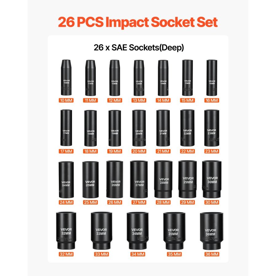 VEVOR Impact Socket Set, 1/2" Drive, 26-Piece Impact Sockets, 6-Point Sockets, Metric 10-30 mm, 32-36 mm, Easy to Identify, with a Sturdy Storage Case, Cr-V Alloy Steel Structure, for Vehicles Repair
