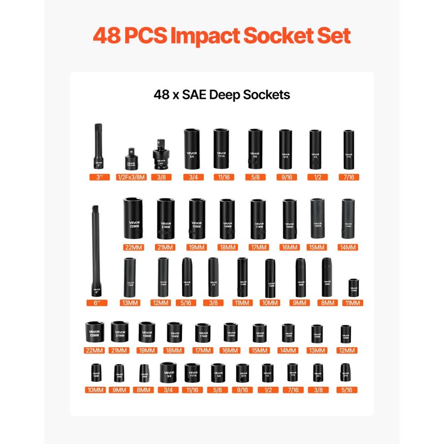 VEVOR Impact Socket Set, 3/8" Drive, 48-Piece Socket Set, 6-Point Sockets, SAE 5/16"-3/4" and Metric 8-19 mm, 21-22 mm, Easy to Identify, Cr-V Alloy Steel, Extension Bar, Adapter and Storage Case
