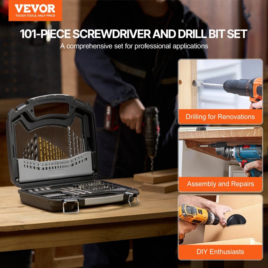 VEVOR Drill Bit Set With Screwdriver – 101-Piece, HSS, CR-V