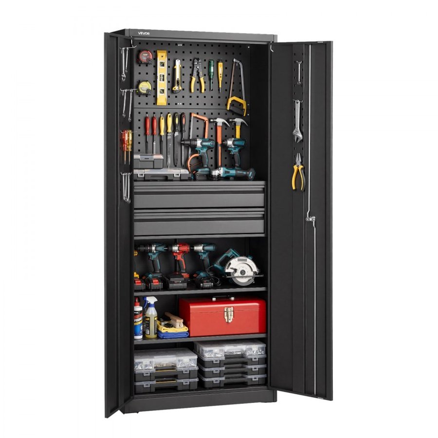 VEVOR Metal Storage Cabinet, 81.5 kg Shelf Load Capacity, 1800 mm Tall Garage Tool Storage Cabinet with 2 Locking Doors, Adjustable Shelves, 2 Drawers, Pegboard, for Garage, Home, Office, Utility Room
