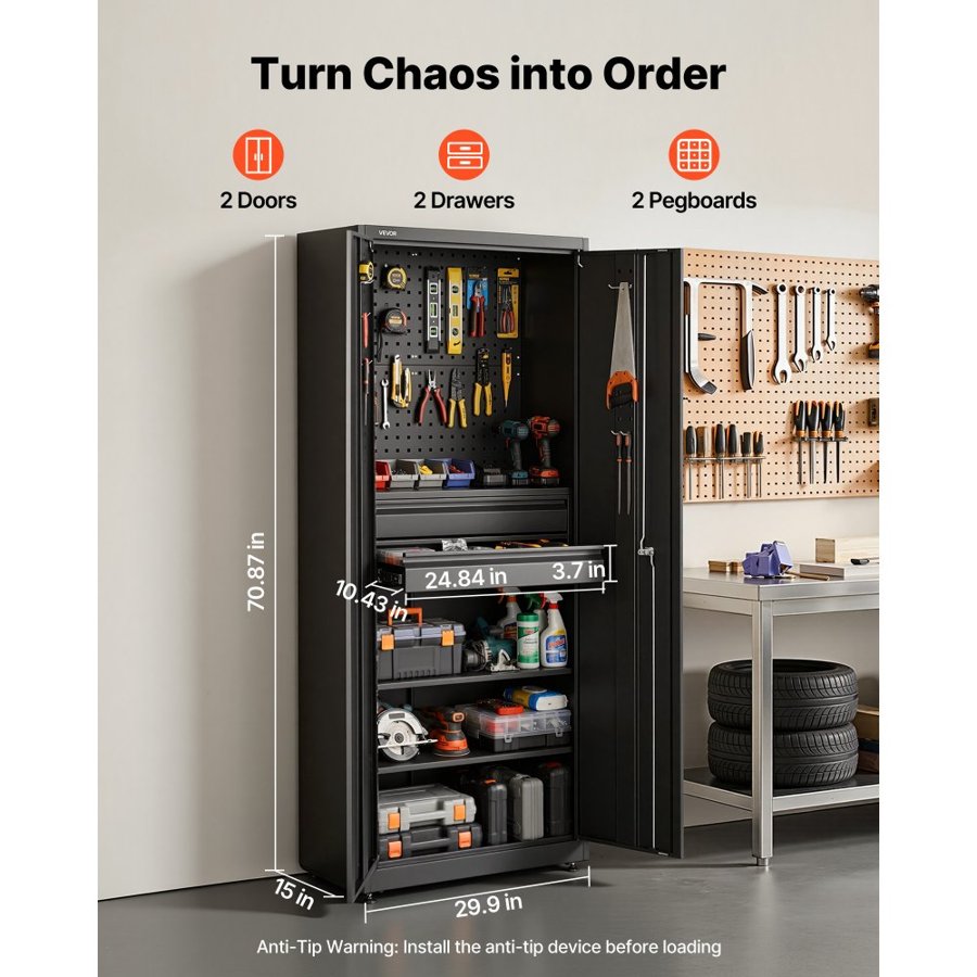 VEVOR Metal Storage Cabinet, 81.5 kg Shelf Load Capacity, 1800 mm Tall Garage Tool Storage Cabinet with 2 Locking Doors, Adjustable Shelves, 2 Drawers, Pegboard, for Garage, Home, Office, Utility Room