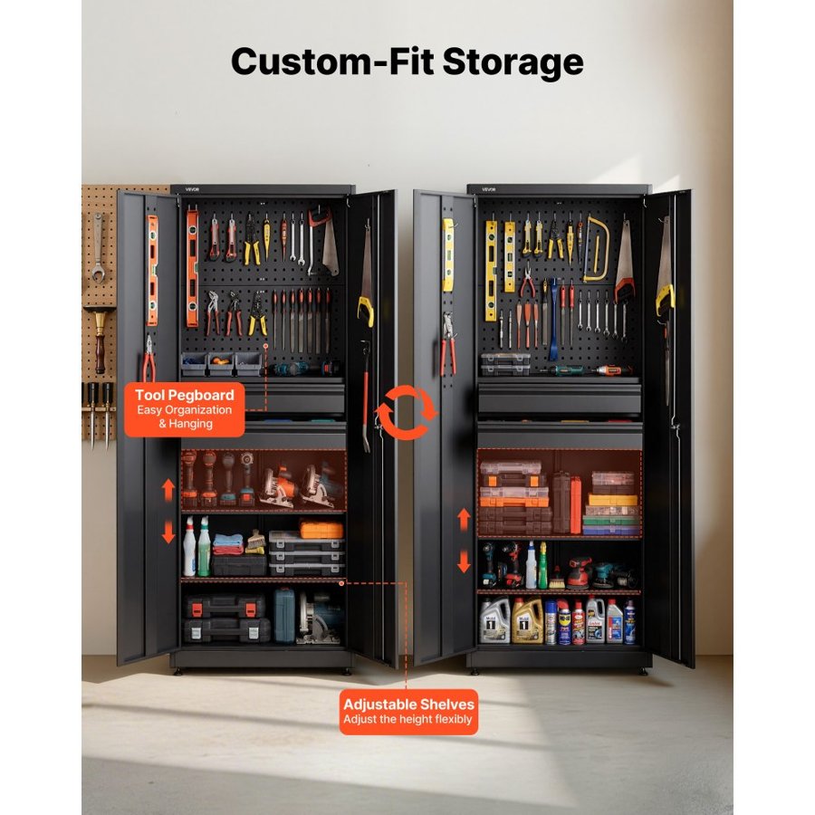 VEVOR Metal Storage Cabinet, 81.5 kg Shelf Load Capacity, 1800 mm Tall Garage Tool Storage Cabinet with 2 Locking Doors, Adjustable Shelves, 2 Drawers, Pegboard, for Garage, Home, Office, Utility Room