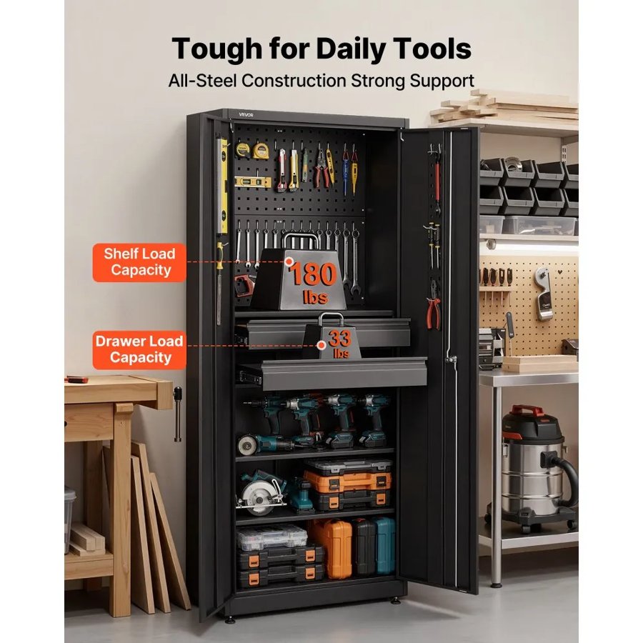 VEVOR Metal Storage Cabinet, 81.5 kg Shelf Load Capacity, 1800 mm Tall Garage Tool Storage Cabinet with 2 Locking Doors, Adjustable Shelves, 2 Drawers, Pegboard, for Garage, Home, Office, Utility Room
