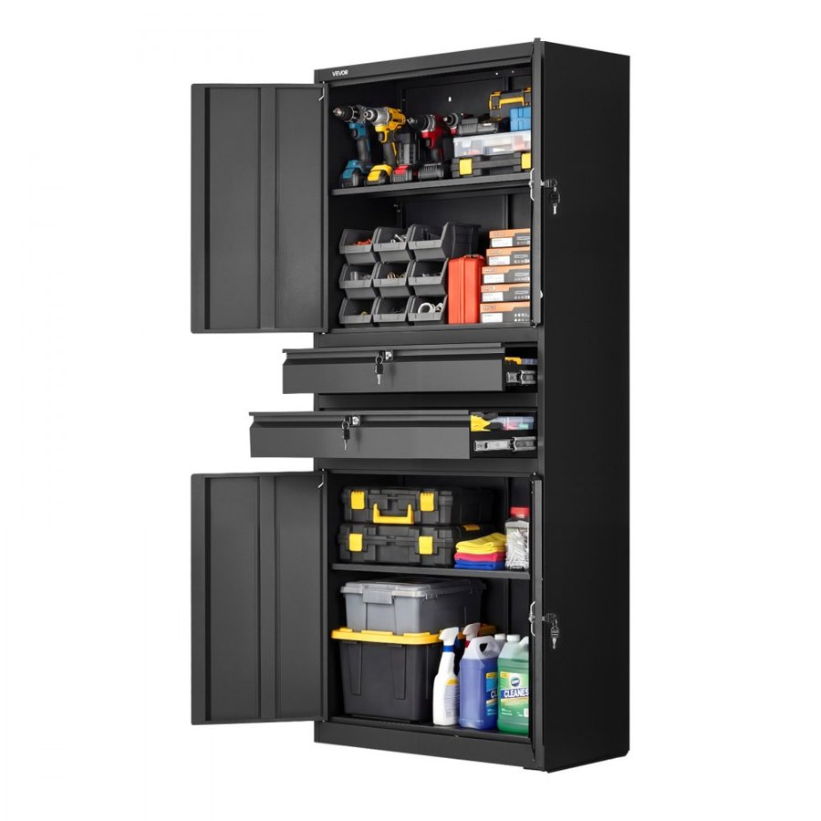 VEVOR Metal Storage Cabinet, 81.5 kg Shelf Load Capacity, 1800 mm Tall Garage Tool Storage Cabinet with 4 Locking Doors and Adjustable Shelves, 2 Drawers, for Garage, Home, Office, Utility Room, Black