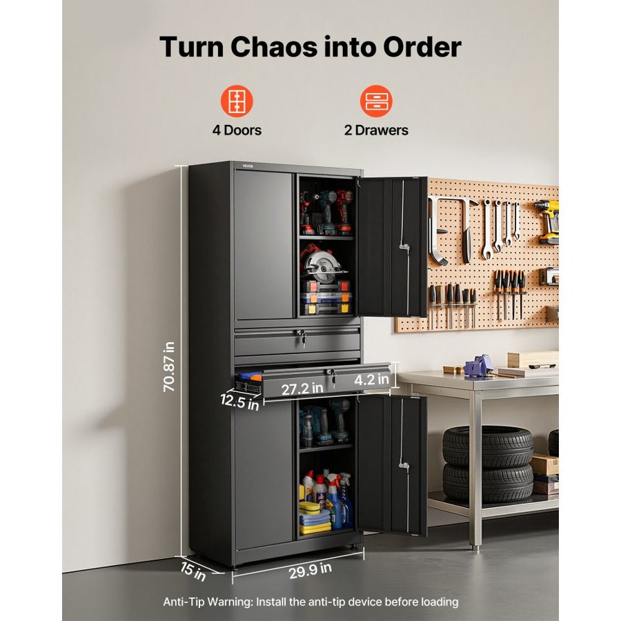 VEVOR Metal Storage Cabinet, 81.5 kg Shelf Load Capacity, 1800 mm Tall Garage Tool Storage Cabinet with 4 Locking Doors and Adjustable Shelves, 2 Drawers, for Garage, Home, Office, Utility Room, Black