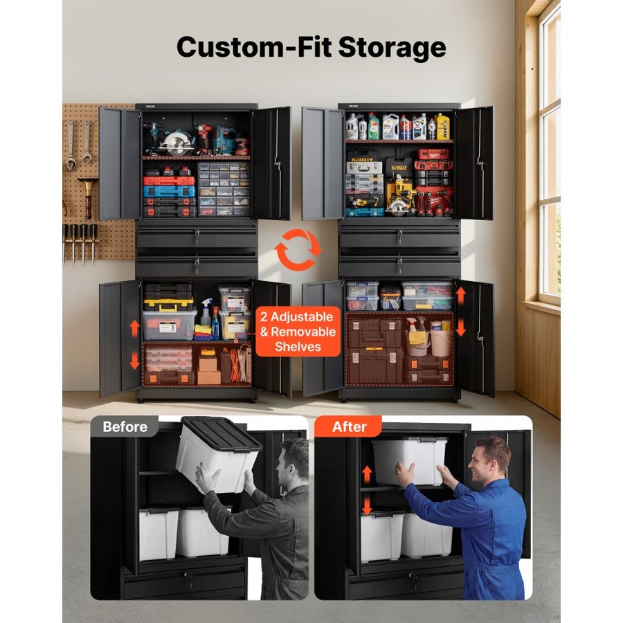 VEVOR Metal Storage Cabinet, 81.5 kg Shelf Load Capacity, 1800 mm Tall Garage Tool Storage Cabinet with 4 Locking Doors and Adjustable Shelves, 2 Drawers, for Garage, Home, Office, Utility Room, Black