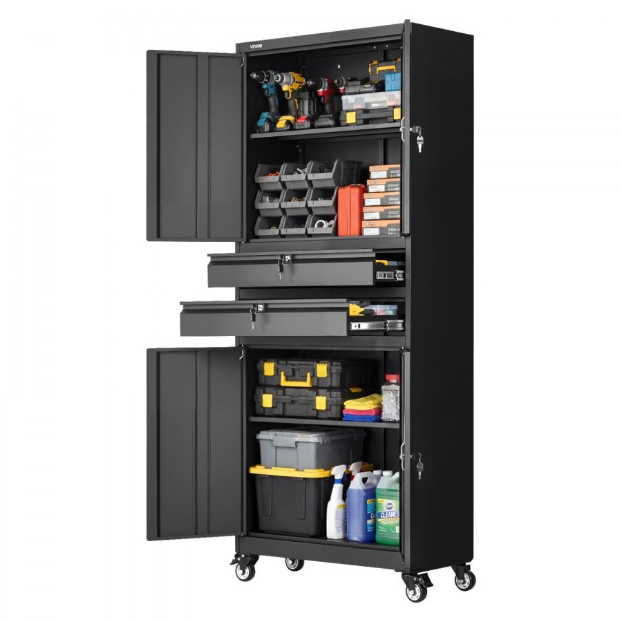 VEVOR Metal Storage Cabinet with Wheels, 81.5 kg Shelf Load Capacity, 1905 mm Tall Rolling Garage Tool Storage Cabinet with 4 Locking Doors and Adjustable Shelves, 2 Drawers, for Garage, Office, Home