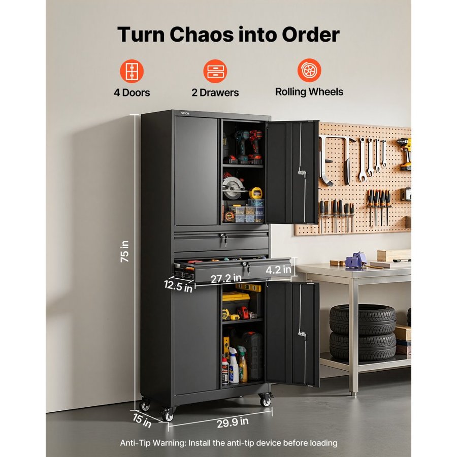 VEVOR Metal Storage Cabinet with Wheels, 81.5 kg Shelf Load Capacity, 1905 mm Tall Rolling Garage Tool Storage Cabinet with 4 Locking Doors and Adjustable Shelves, 2 Drawers, for Garage, Office, Home
