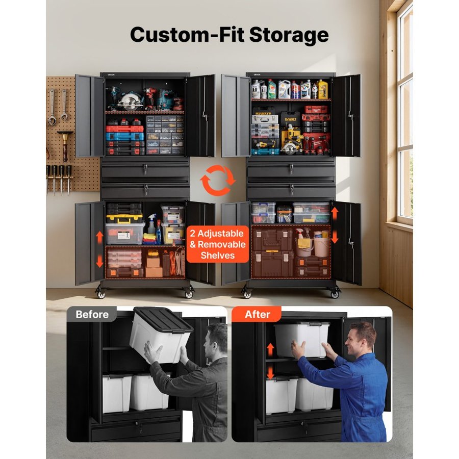 VEVOR Metal Storage Cabinet with Wheels, 81.5 kg Shelf Load Capacity, 1905 mm Tall Rolling Garage Tool Storage Cabinet with 4 Locking Doors and Adjustable Shelves, 2 Drawers, for Garage, Office, Home