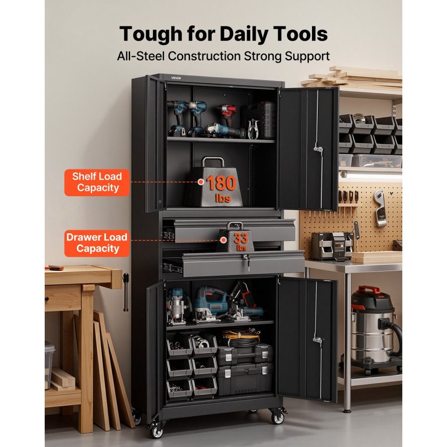 VEVOR Metal Storage Cabinet with Wheels, 81.5 kg Shelf Load Capacity, 1905 mm Tall Rolling Garage Tool Storage Cabinet with 4 Locking Doors and Adjustable Shelves, 2 Drawers, for Garage, Office, Home