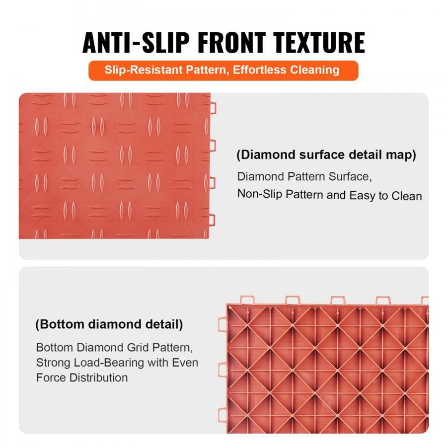 VEVOR Garage Tiles Interlocking, 12 x 12 x 0.53 inch 25 Pack Garage Floor Covering Tiles, Non-Slip Double-Sided Texture Garage Flooring Tiles, for Garages, Basements, Repair Shops, Red