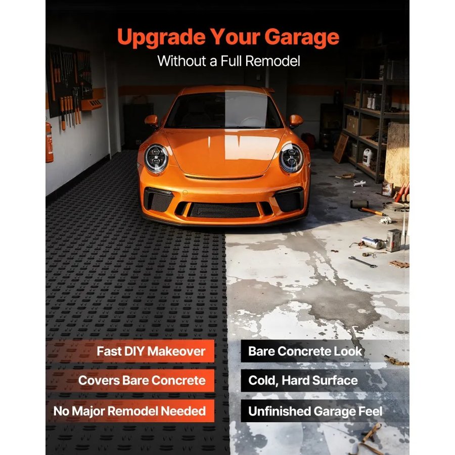 VEVOR Garage Tiles Interlocking, 12 x 12 x 0.53 inch 50 Pack Garage Floor Covering Tiles, Non-Slip Double-Sided Texture Garage Flooring Tiles, for Garages, Basements, Repair Shops, Black