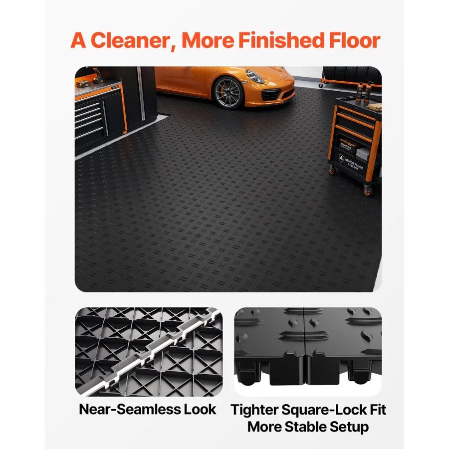 VEVOR Garage Tiles Interlocking, 12 x 12 x 0.53 inch 50 Pack Garage Floor Covering Tiles, Non-Slip Double-Sided Texture Garage Flooring Tiles, for Garages, Basements, Repair Shops, Black