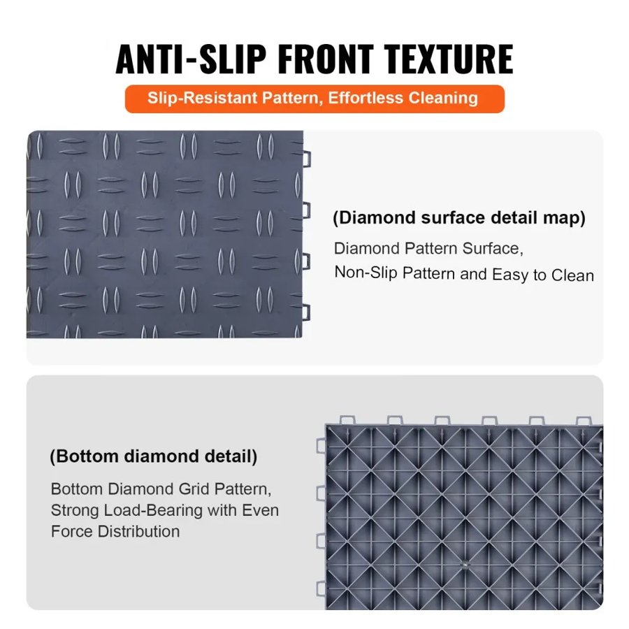 VEVOR Garage Tiles Interlocking, 12 x 12 x 0.53 inch 50 Pack Garage Floor Covering Tiles, Non-Slip Double-Sided Texture Garage Flooring Tiles, for Garages, Basements, Repair Shops, Graphite Gray