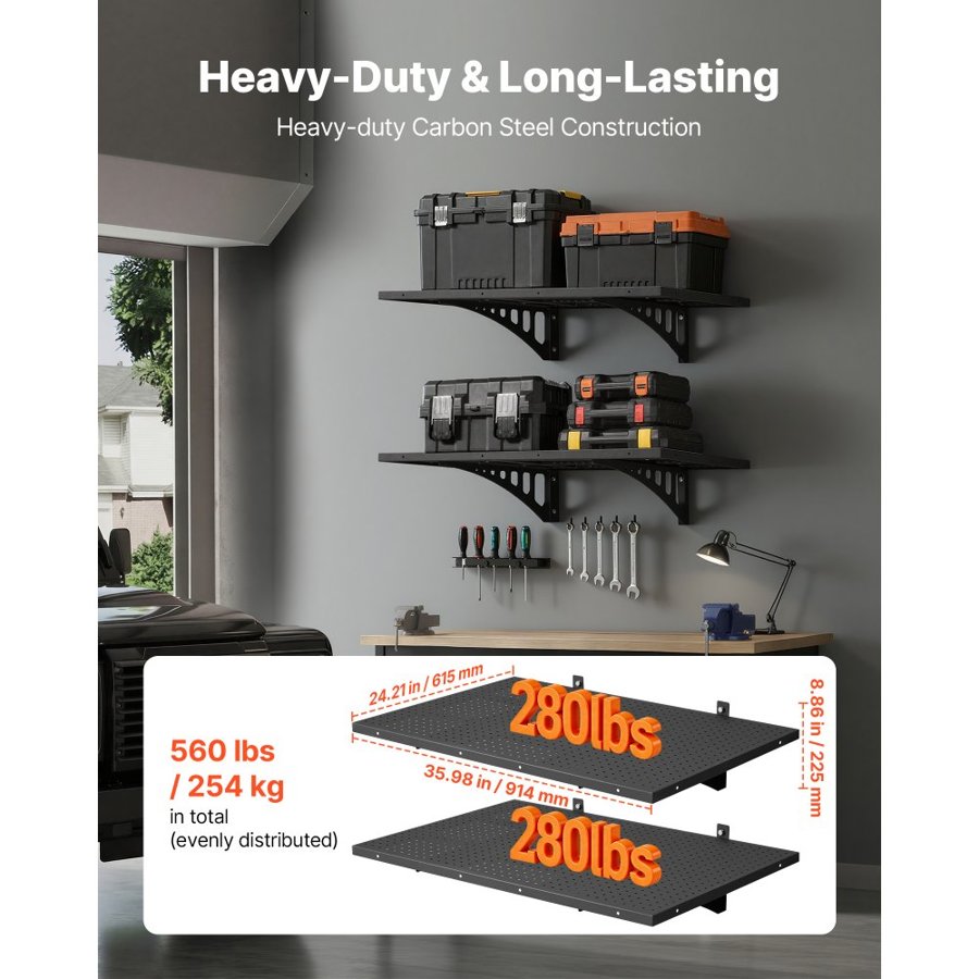 VEVOR 2-Tier Heavy Duty Wall Garage Shelving, 610 x 914 mm Steel Wall Mounted Shelving Unit with Hooks, 610 x 914 mm Per Shelf Floating Storage Metal Rack for Garage, 227 kg Total Weight Capacity