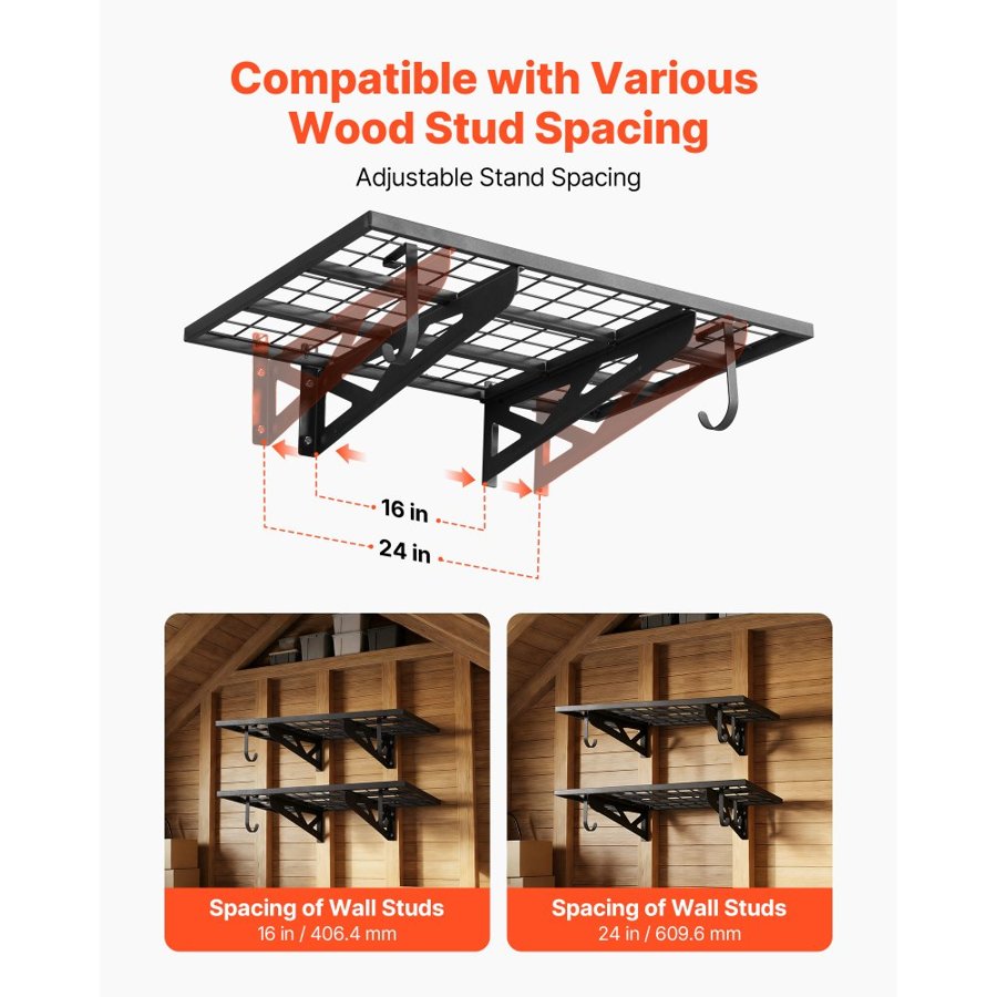 VEVOR 2-Tier Heavy Duty Wall Garage Shelving, 610 x 914 mm Steel Wall Mounted Shelving Unit with Hooks, 610 x 914 mm Per Shelf Floating Storage Metal Rack for Garage, 227 kg Total Weight Capacity