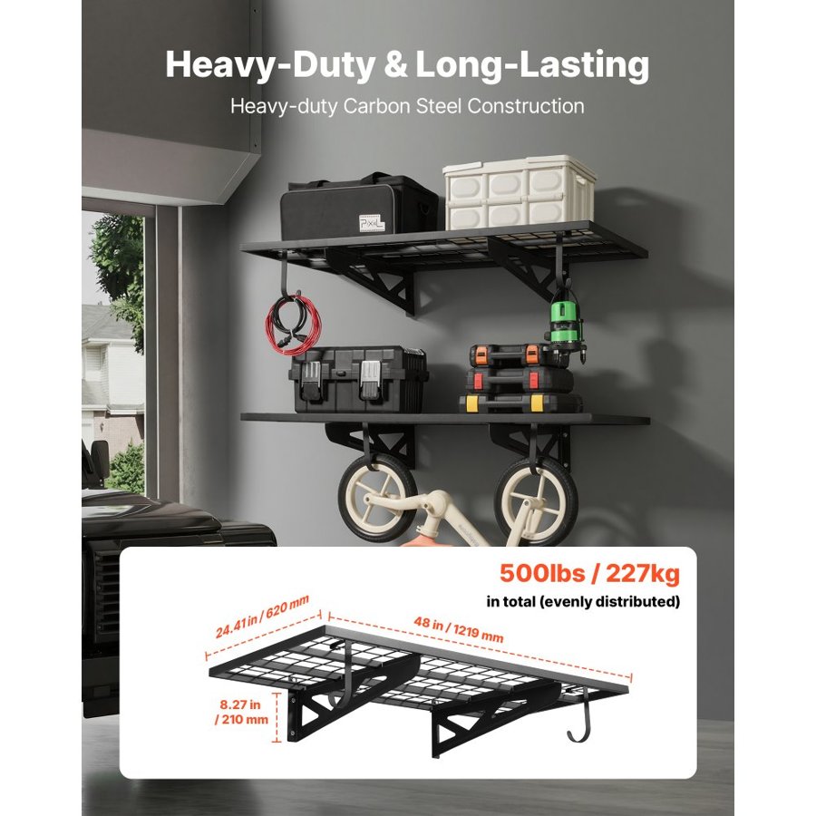 VEVOR 2-Tier Heavy Duty Wall Garage Shelving, 610 x 1219 mm Steel Wall Mounted Shelving Unit with Hooks, 610 x 1219 mm Per Shelf Floating Storage Metal Rack for Garage, 227 kg Total Weight Capacity