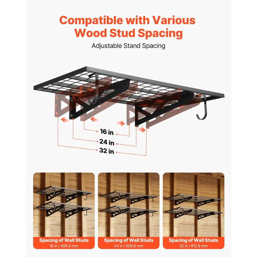 VEVOR 2-Tier Heavy Duty Wall Garage Shelving, 610 x 1219 mm Steel Wall Mounted Shelving Unit with Hooks, 610 x 1219 mm Per Shelf Floating Storage Metal Rack for Garage, 227 kg Total Weight Capacity