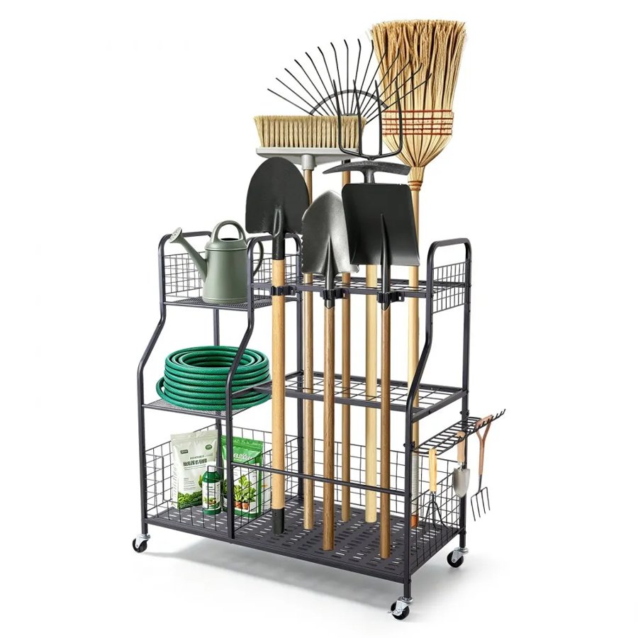VEVOR Garden Tool Organizer with Wheels, Large Metal Garage Storage Rack, for Rakes/Shovels/Brooms, Yard Utility Tool Holder for Shed/Outdoor/Lawn Organization, Heavy-Duty Steel, with Hooks, Black