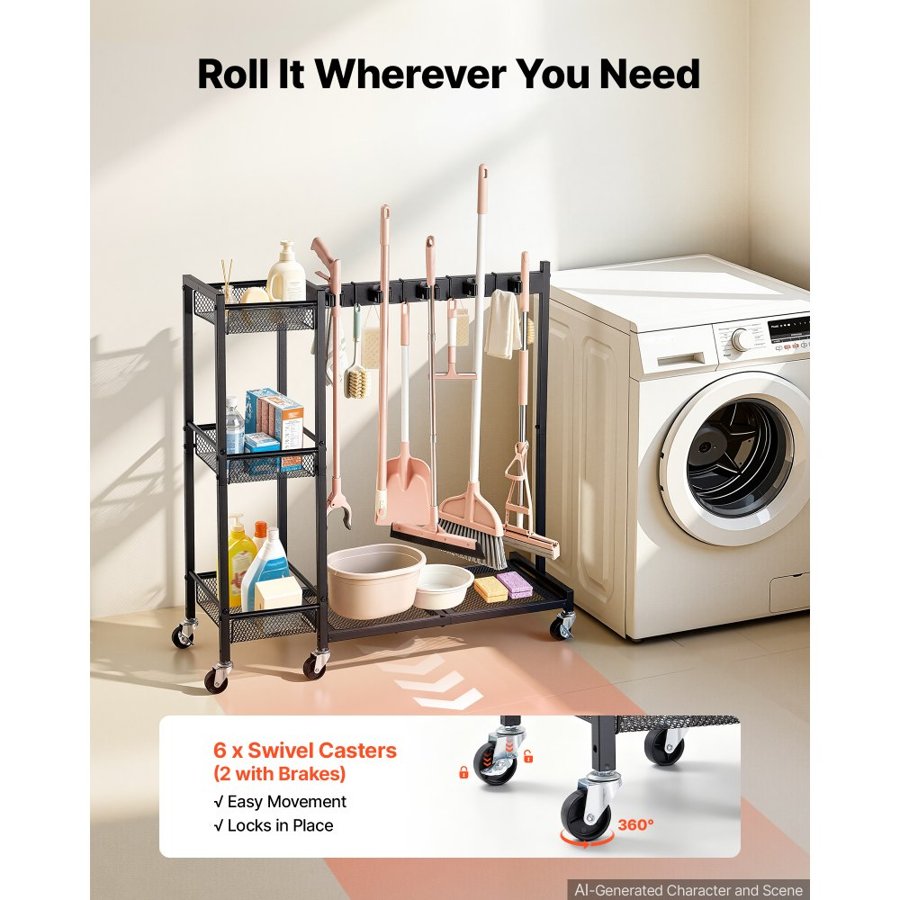 VEVOR Broom Holder with Cleaning Supplies Organizer, Garage Storage Metal, Cleaning Cart with Mop Hanger, for Home Brooms, Detergent, Brushes, Heavy-Duty Steel Utility Tool Holder, with Wheels, Black