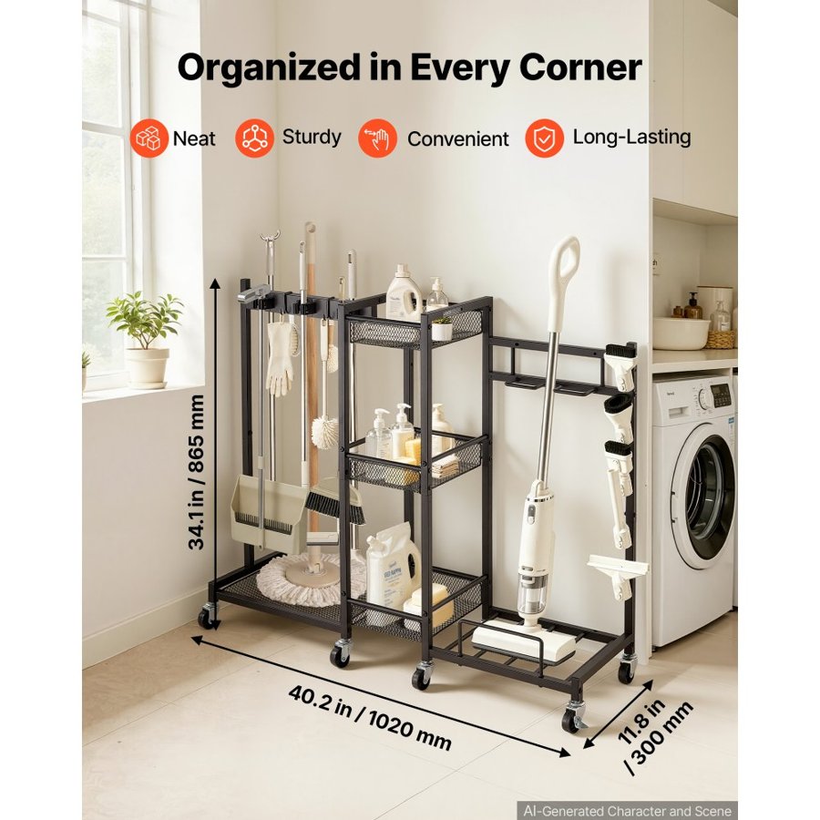 VEVOR Broom Holder with Cleaning Supplies Organizer, Metal Garage Storage, Cleaning Cart with Mop Hanger, for Home Broom, Detergent, Vacuum Cleaner, Heavy-Duty Steel Utility Holder, with Wheels, Black