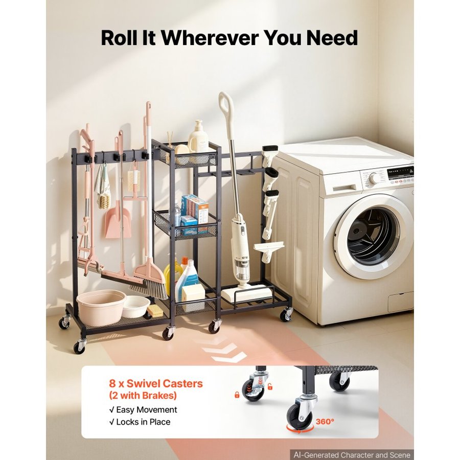 VEVOR Broom Holder with Cleaning Supplies Organizer, Metal Garage Storage, Cleaning Cart with Mop Hanger, for Home Broom, Detergent, Vacuum Cleaner, Heavy-Duty Steel Utility Holder, with Wheels, Black