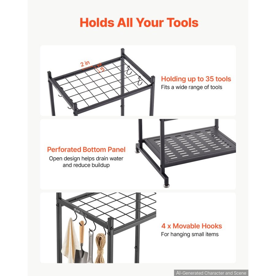VEVOR Garden Tool Organizer, 35 Slots with Hooks, Metal Garage Storage Rack, for Rakes/Shovels/Brooms, Yard Utility Tool Holder for Shed/Outdoor/Lawn Organization, Heavy-Duty Steel, Freestanding,Black