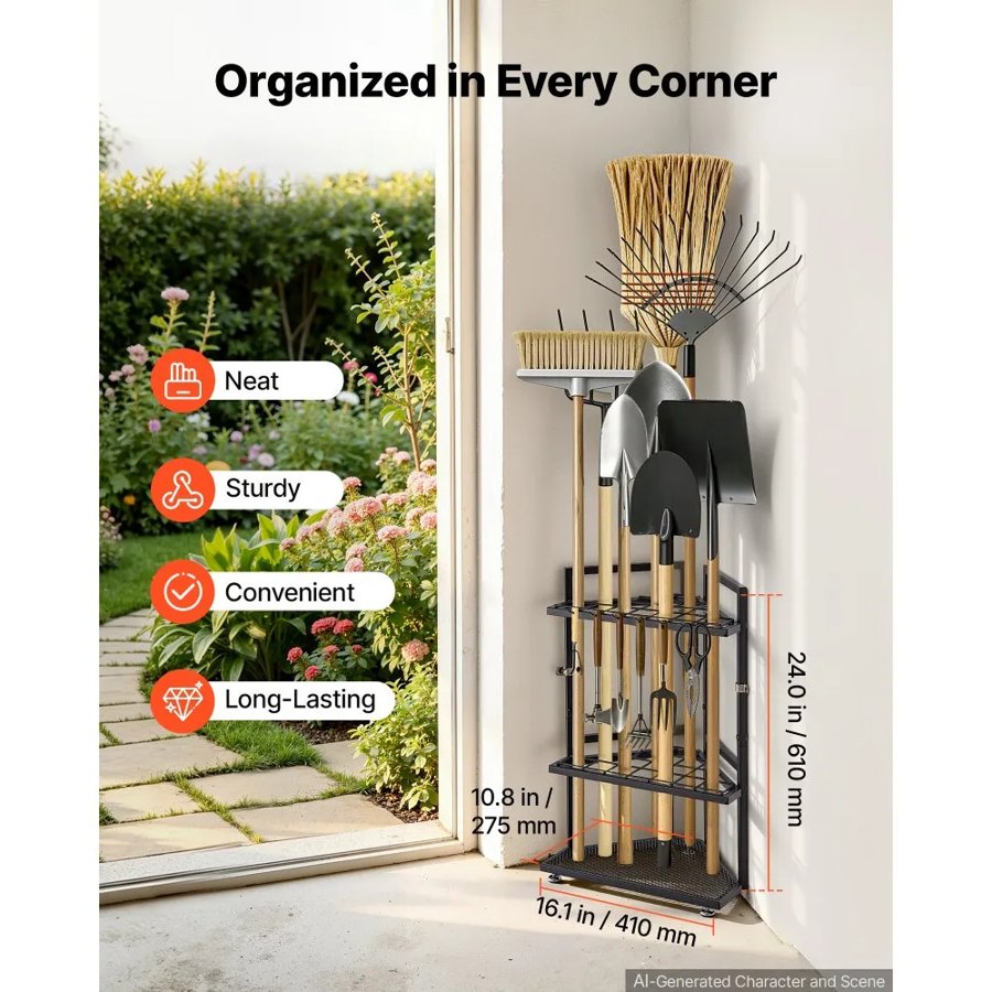 VEVOR Garden Tool Organizer for Corner, 17 Slots, Metal Garage Storage Rack, for Rakes/Shovels/Brooms, Yard Utility Tool Holder for Shed/Outdoor/Lawn Organization, Heavy-Duty Steel, with Hooks, Black