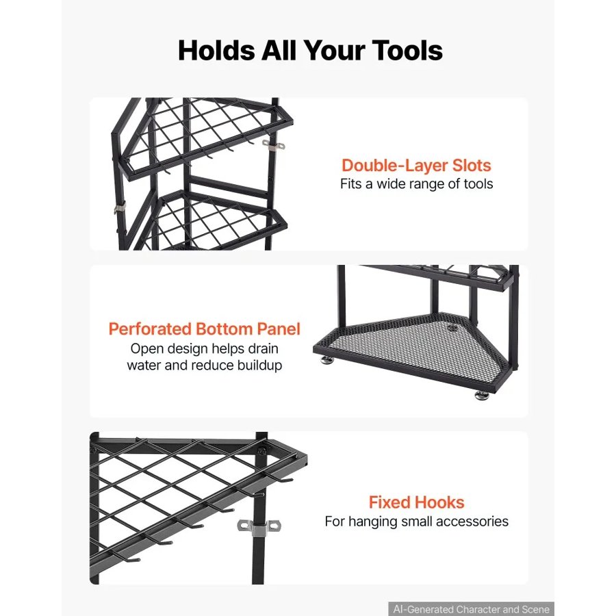 VEVOR Garden Tool Organizer for Corner, 17 Slots, Metal Garage Storage Rack, for Rakes/Shovels/Brooms, Yard Utility Tool Holder for Shed/Outdoor/Lawn Organization, Heavy-Duty Steel, with Hooks, Black